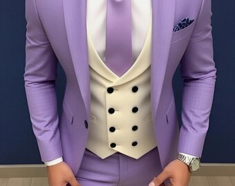 Herrenanzug Lila Zweireihige Ivory Weste - Slim 3 Piece - Hochzeit Groomsmen