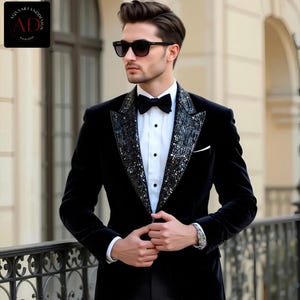 Schwarzer Samt-Frack: Pailletten-Revers-Hochzeits-Bräutigam-Abnutzung