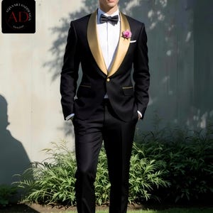 Black Tuxedo Suit For Men - Men&#39;s Suits - 2 Piece Slim Fit Black Suits Golden Shawl Lapel Party Wear Suit - Wedding Groom Suits