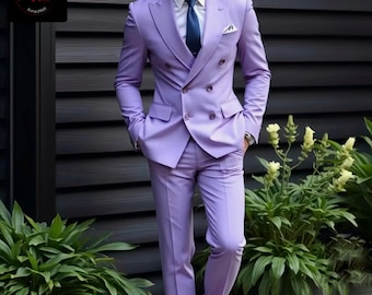 Traje cruzado morado: traje de boda entallado para hombre