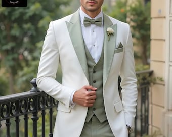 Men&#39;s Suit Tuxedo - White Green Suit - Men Suit Wedding - 3 Piece Suit - Groom Wear Suit - Gift For Men - Engagement Suits