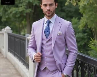 メンズパープルスリーピーススーツ：結婚式、パーティー、フォーマル