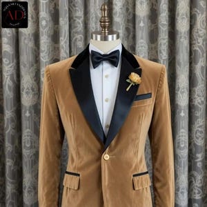 men&#39;s tuxedo jacket - brown velvet blazer for men - wedding groom wear one button elegant coat
