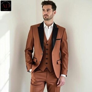 Three Piece Suit - Rust Tuxedo Suit  Men Suit Wedding Wear - Prom Party Groom Wear Suit - Gift For Men Slim Fit Elegant Tuxedo Suits