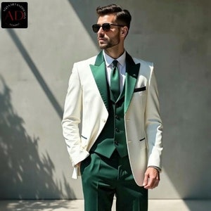 Men Suit And Jacket - Green White Tuxedo Suit - Three Piece Wedding Suit - Suit For Groom - Tuxedo Groom Suit - Slim Fit Suit