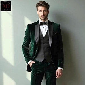 Green Suit - Tuxedo Velvet Suit -Wedding Groom Wear Suit - Black Vest - Men&#39;s Suit Three Piece Dinner Prom Party Bespoke Suit