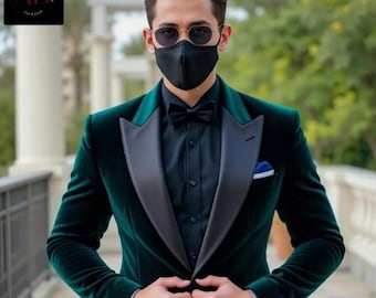 Green Velvet Tuxedo Jacket - One Button Wedding Blazer, Groom Wear