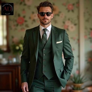 メンズダークグリーンスーツ：エレガントな3ピースウェディングスーツ