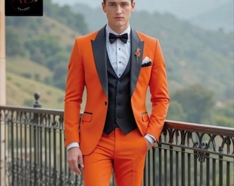 Elegante smokingkostuums - bruidegompak trouwkleding - herenkostuum - 3-delig herenkostuum - zwart en oranje pak - kostuum voor schoolbal - cadeau voor mannen
