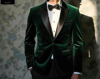 Blazer de esmoquin de terciopelo verde de un botón para hombre