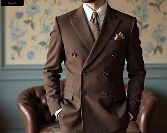 ブラウンのダブルブレストスーツ：メンズスリムフィットウェディング