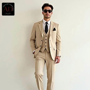 Beige Three Piece Suit - Men Suit - Wedding Wear Suit - Suit For Groom - Slim Fit Suit - Formal Men&#39;s Suits Elegant