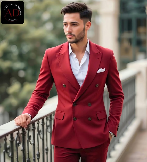 Red Slim Fit Double Breasted Suit: Men's Wedding Groom Formal Wear