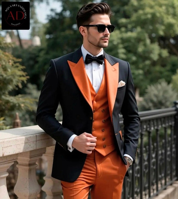 ブラック＆オレンジのタキシードスーツ：スリムフィットのスリーピース