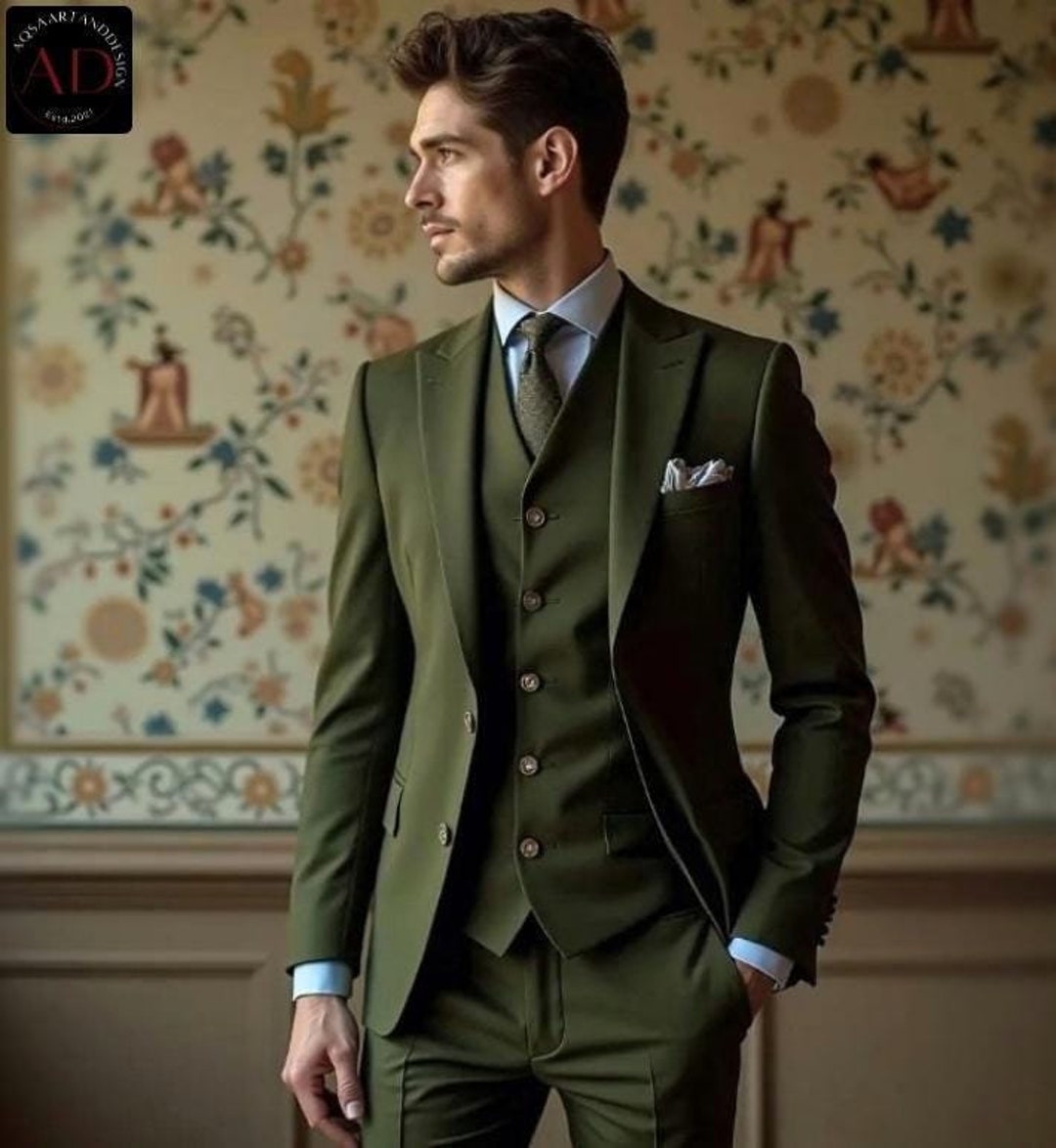 オリーブグリーンのメンズスーツ：スリーピースのクラシックな