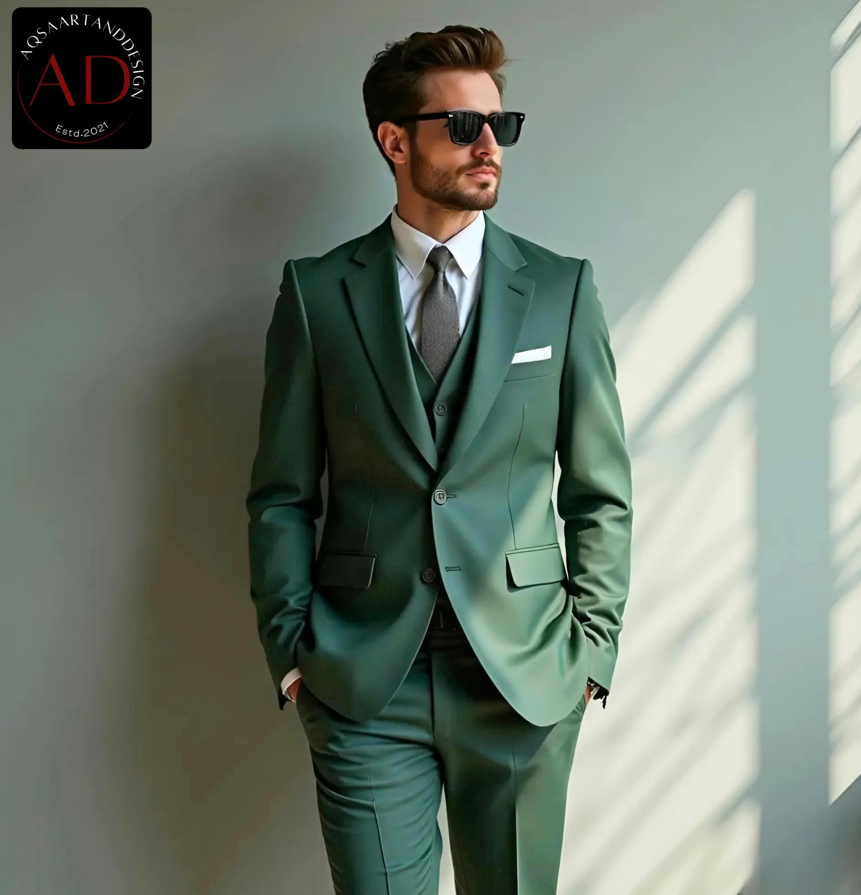 グリーンの3ピーススーツ、メンズスーツ、結婚式パーティー用、高級