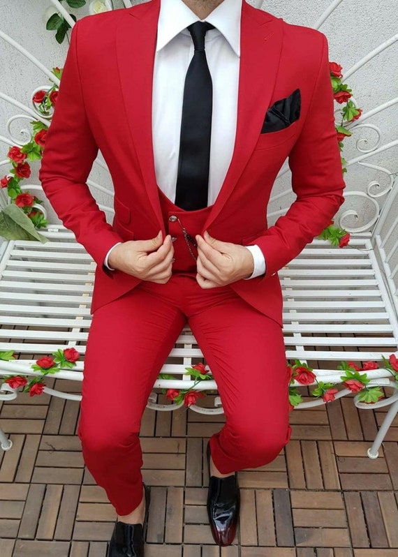 Hombres traje diseñador traje rojo de lujo traje rojo - Etsy