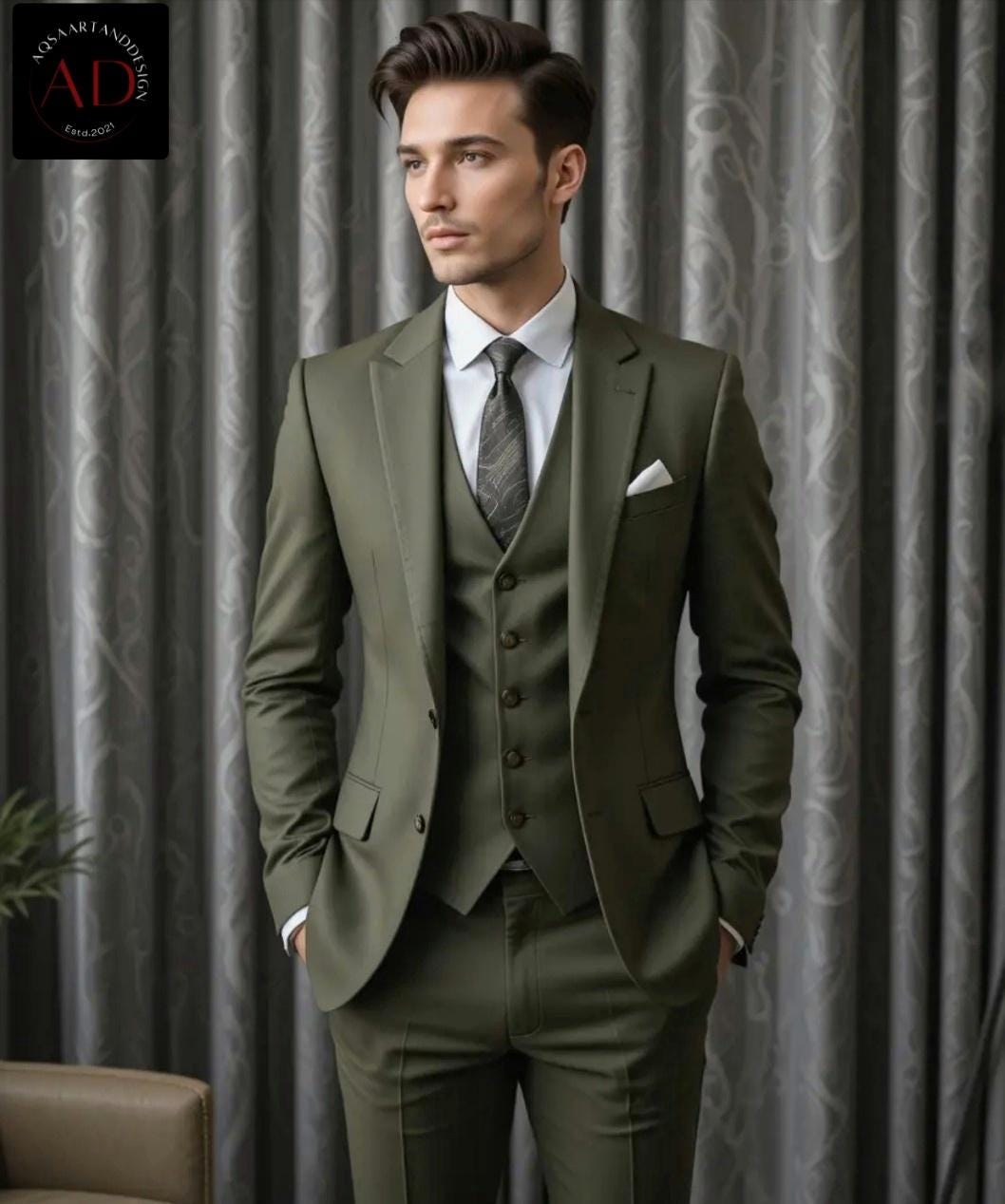 オリーブグリーンのスーツ：メンズ3ピーススリムフィットウェディング