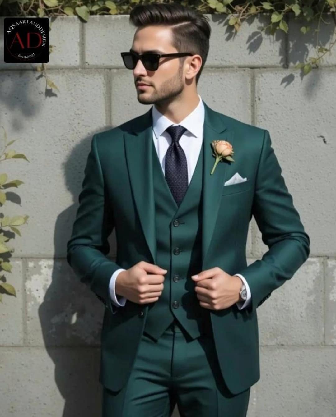 メンズダークグリーンスーツ：スリーピースウェディングプロム