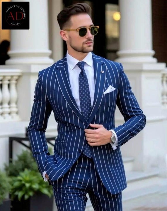 Blue Striped Men's Suit: Slim Fit 2-Piece Wedding Groom Wear