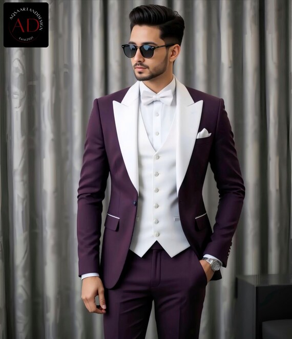 Purple and White Slim Fit 3-piece Suit: Wedding Groom Tuxedo