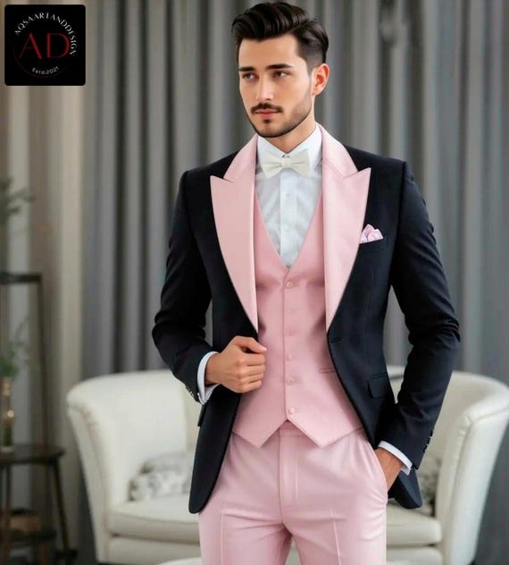 Black and Pink Tuxedo Suit: Slim Fit Party Wear