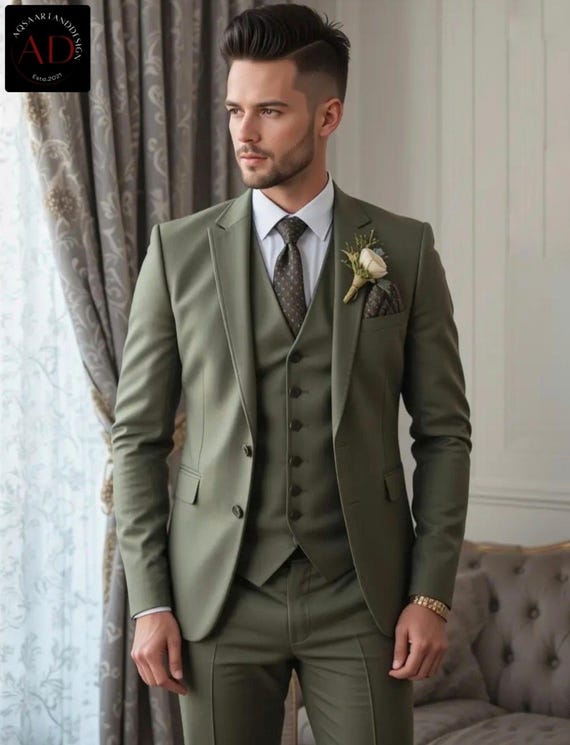 green emerald velvet dress Aesido Business Casual 2 Piece Olive Green Peak Lapel Men's Suit (Blazer+Pants) 42r / Olive Green