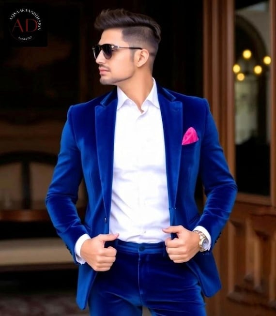 blue velvet well dressed man Royal Blue Velvet Suit: Slim Fit 2-piece Wedding Groom Suit