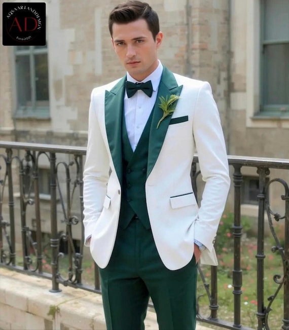 白と緑のタキシードスーツ：スリーピースのウェディング新郎用
