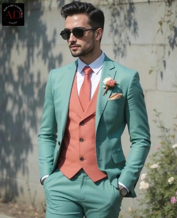 Men's Stylish Three Piece Suit -Wedding Wear Suit - Green Suit Rust Vest - Groom's Men Suit - Formal Elegant Suits