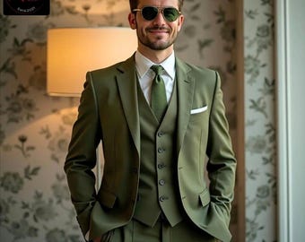 メンズ オリーブグリーン スリーピース ウェディングスーツ