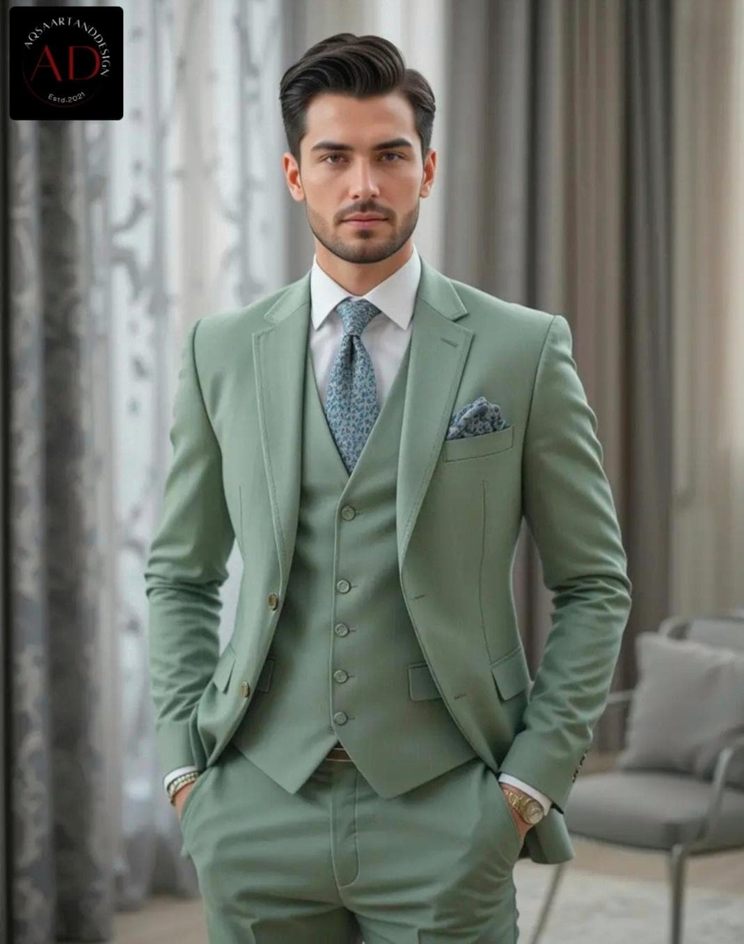 セージグリーンのスリーピーススーツ - メンズウェディング新郎用