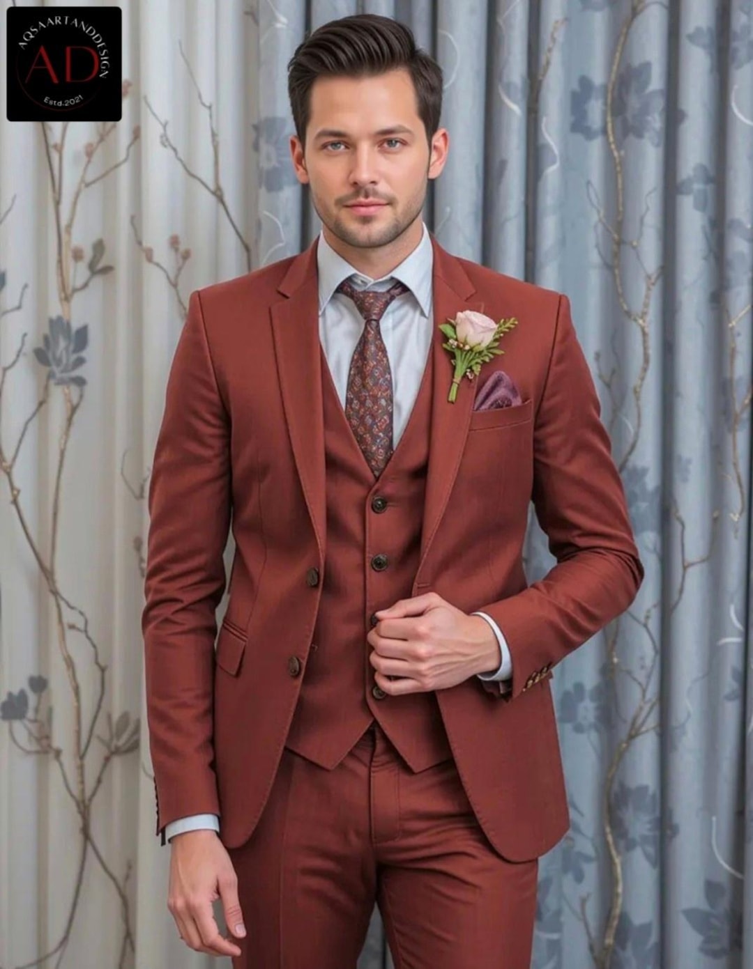 Men Suit Rust Three Piece Suit - Men Suit Engagement - Wedding Groom ...