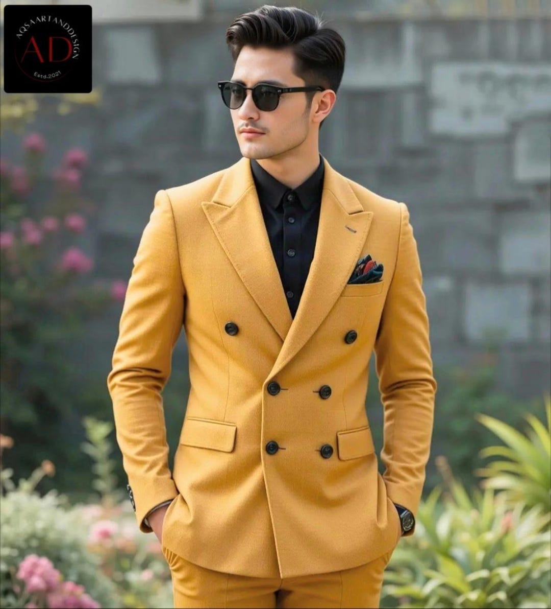 マスタードダブルブレストスーツ：メンズスリムフィットウェディング