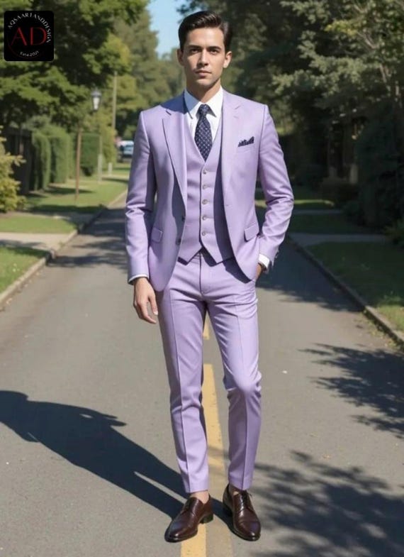 Traje morado de corte entallado para hombre: traje de novio de - Main Image