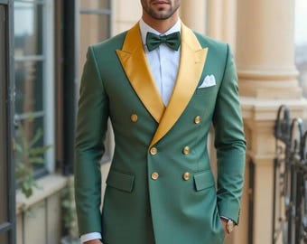 グリーンのダブルブレストメンズスーツ：結婚式の新郎用