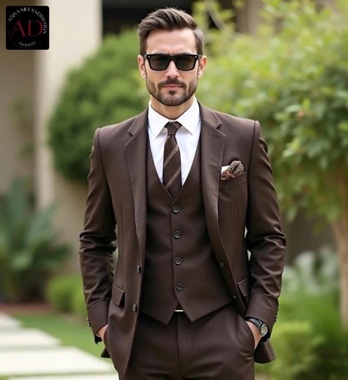 ブラウン スリーピーススーツ L ウエディングフォト ブラウン スリーピーススーツ L ウエディングフォト 高級紳士服店で