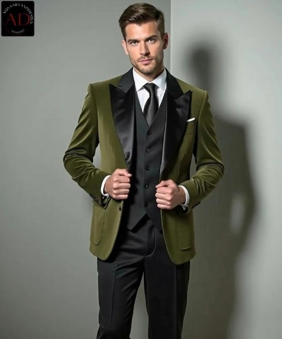 Olive Green Velvet Tuxedo: Black Vest, 3-Piece Designer Suit