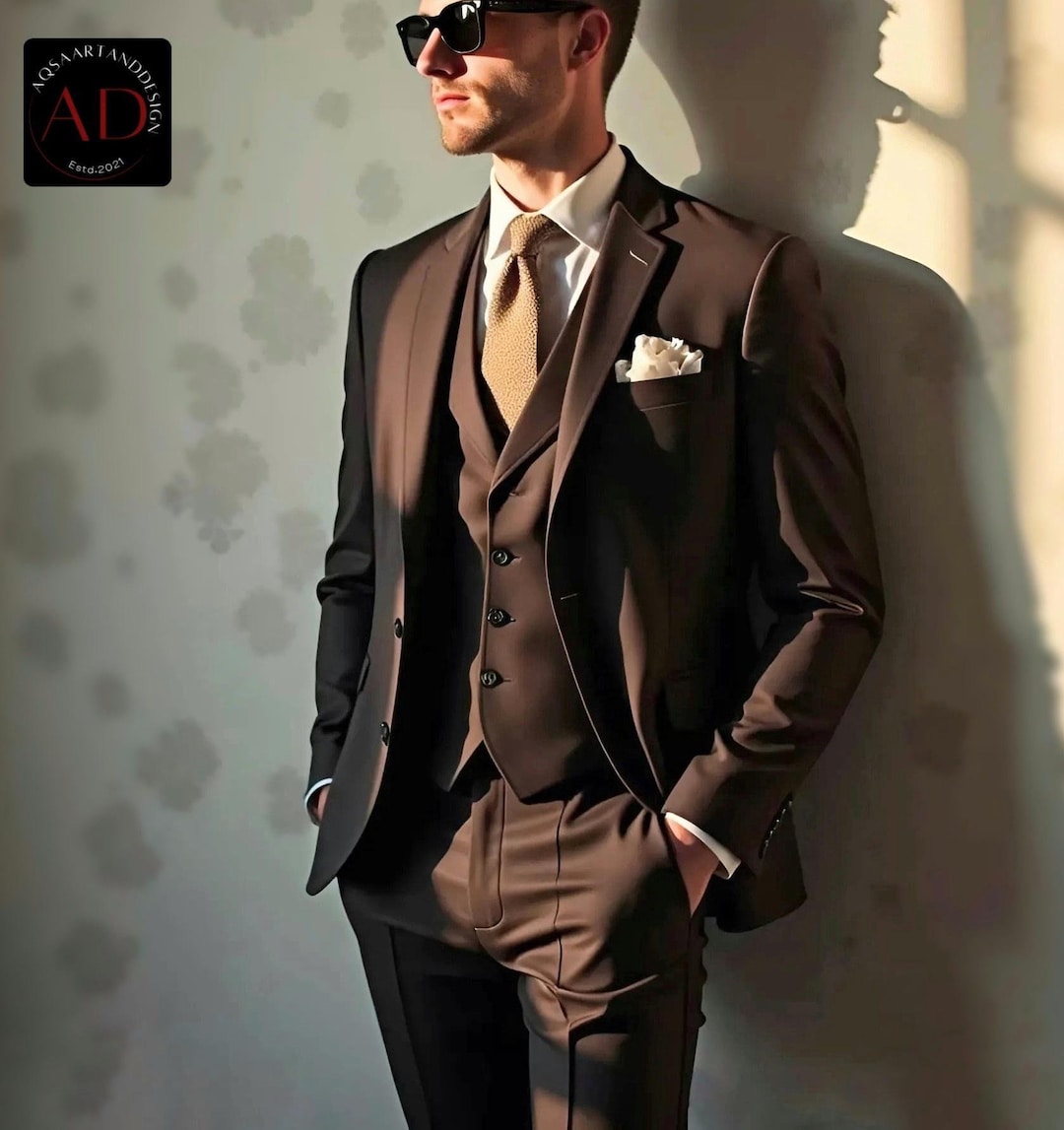 MANZINI PARIS-2 Men's 3-Piece Tailored Fit Plaid Business Suit Brown main image 0
