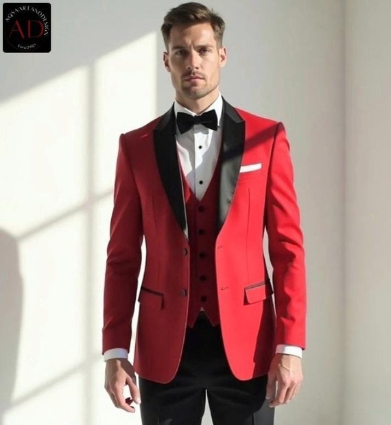 レッドタキシードメンズスーツ：スリムフィット3ピースブラックラペル
