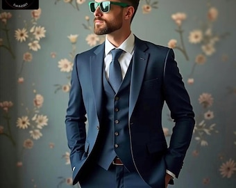 Blue Slim Fit Suit: Men's Formal Wedding Groom Wear