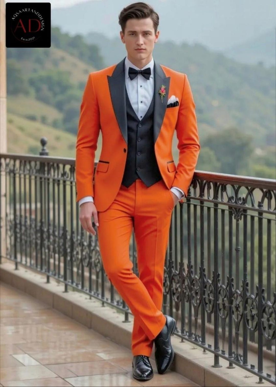 オレンジ＆ブラックのタキシードスーツ：3ピースウェディンググルーム