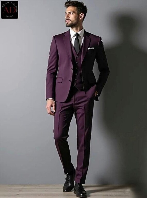 Purple 3 Piece Suit: Slim Fit Bespoke Groom Wear - Etsy New Zealand