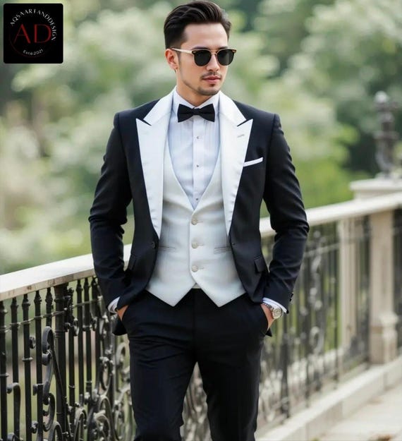 Traje Blanco Y Negro Hombre Traje De Boda Blanco/negro Jacquard