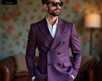 Elegante traje cruzado morado: traje de boda entallado