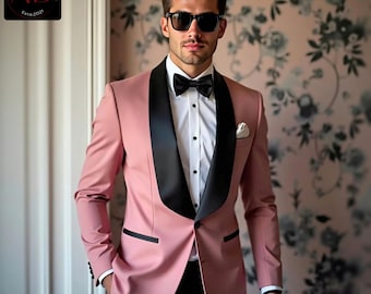 Pink Tuxedo Suit: Slim Fit Wedding Groom Suit with Black Pants