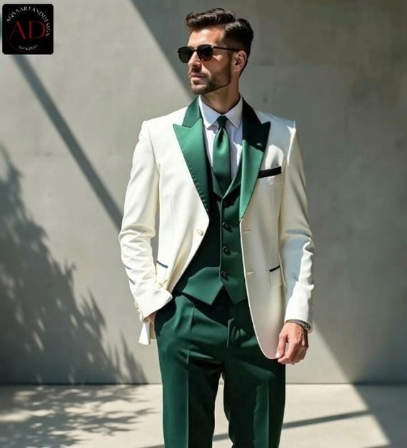 White & Green Tuxedo Suit: Slim Fit Peak Lapel, Wedding Suit