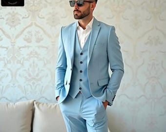 Light Blue Slim Fit Suit: 3-Piece Wedding Suit for Men