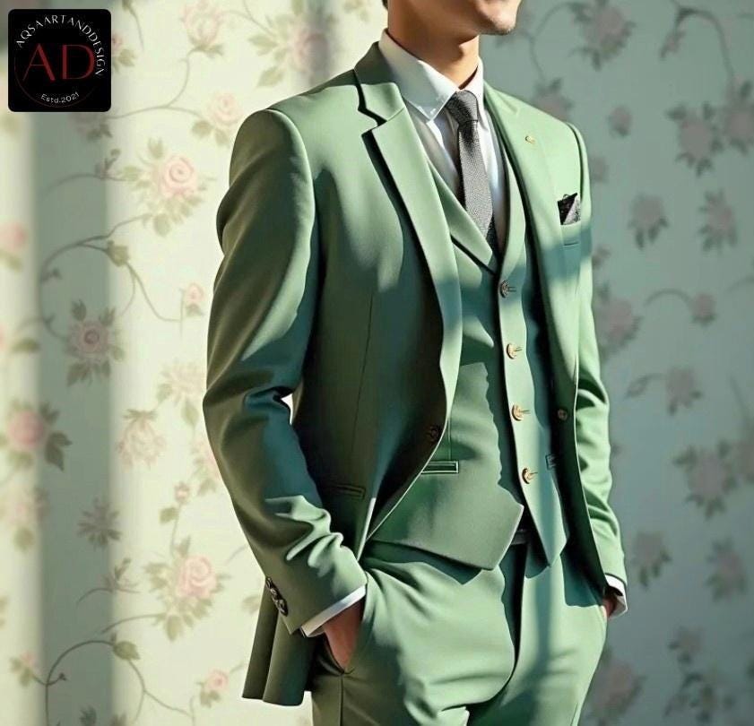 グリーンのスリーピーススーツ：スリムフィットレーヨンのエレガントな