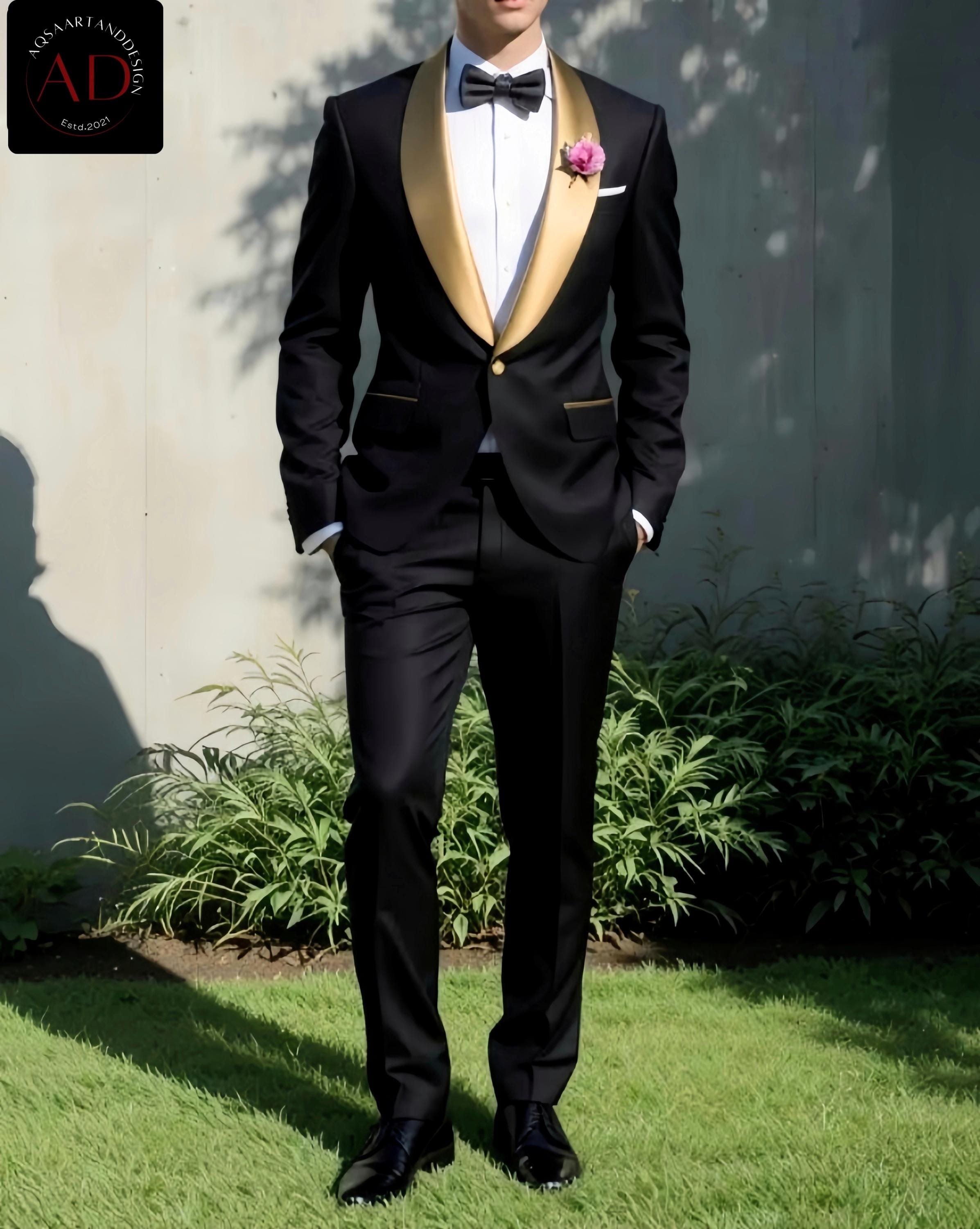 black and gold mens dress outfit Hisdern Men's Black Gold Splicing Dress Shirt For Office Wear S